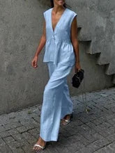 2026 V-neck sleeveless top, vest and long pants suit, solid-color two-piece set