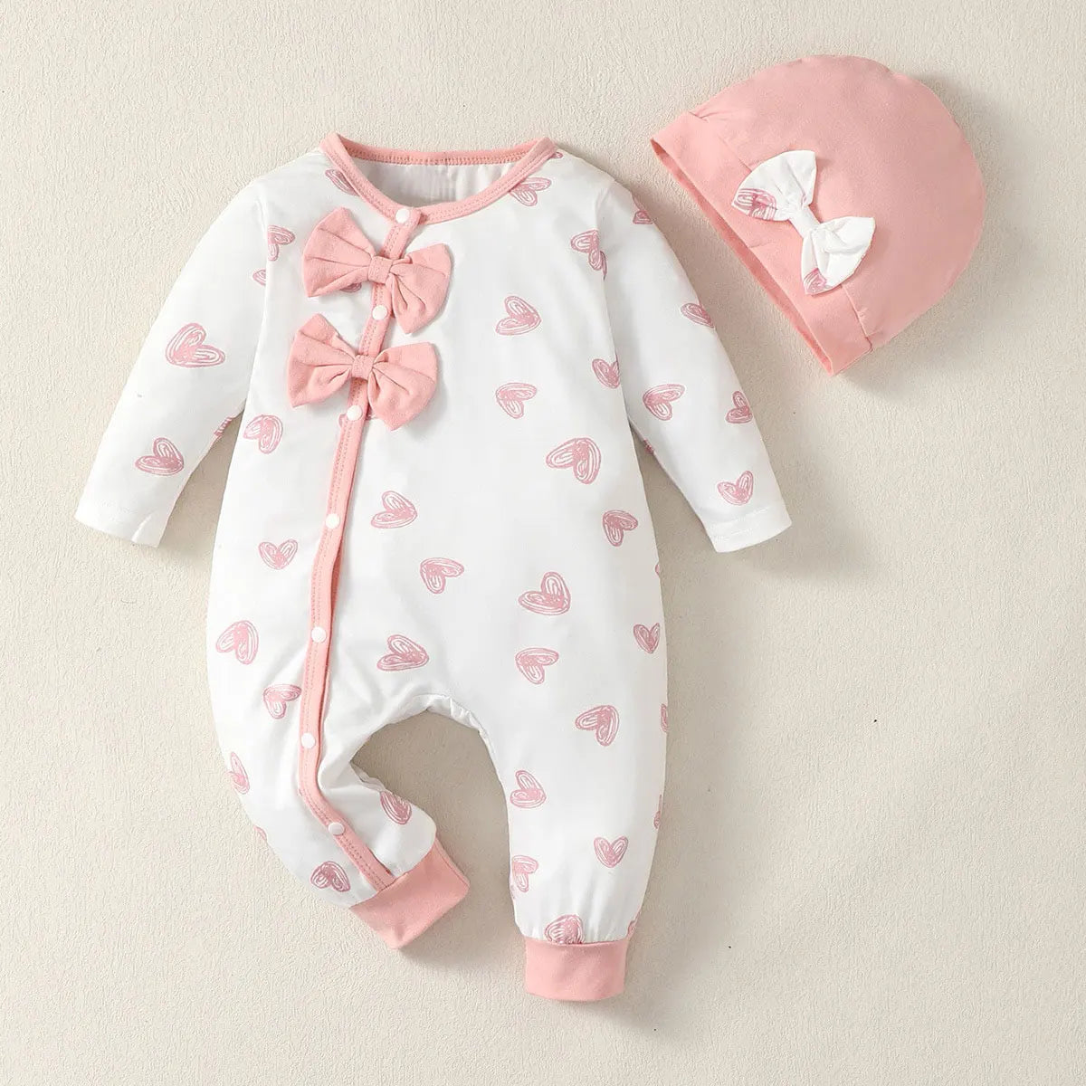 0-2 Year Old Newborn Baby Gilr Spring and Autumn Round Neck Bow Long Sleeve Love Printed Pants jumpsuit