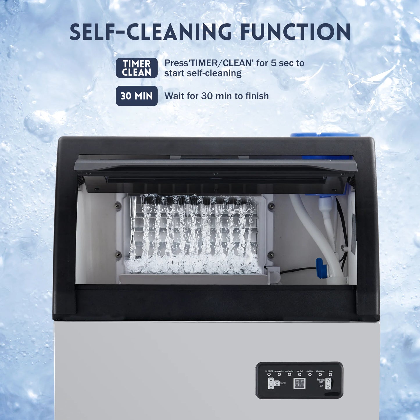 Commercial Ice Maker Machine 100LBS/24H, 50 Ice Cubes in 5-15 Min | 33 Lbs Storage Ice Bin, Freestand Stainless Steel Body, 2 Water Inlets, LED Display, for Home Bar Office Restaurant