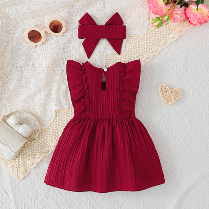 Baby girl's Sleeveless Dress Solid color Ruffled edges Fashion Summer Dress+Headband, 0-24 Months old Baby girl's New Year Dress
