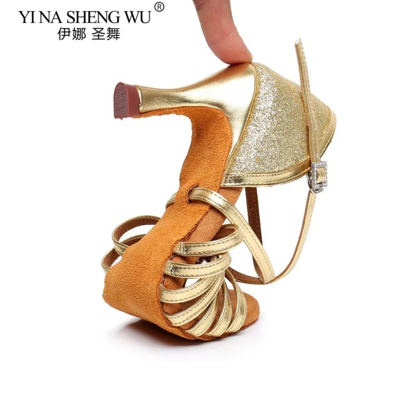 New Arrival Women Dance Shoes Latin Dance Ballroom Modern Dancing Soft Sole Practice Shoes Silver Gold Heel Shoes Dance Shoes