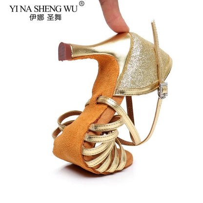 New Arrival Women Dance Shoes Latin Dance Ballroom Modern Dancing Soft Sole Practice Shoes Silver Gold Heel Shoes Dance Shoes