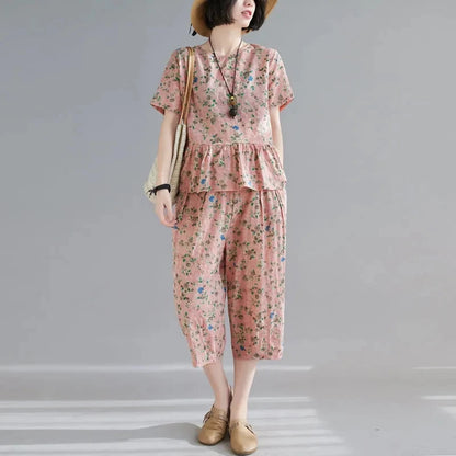 5XL Middle aged Female Pants Suit Cotton Two Piece Set Women Summer Printing Casual Set Top+Pants Two Piece Set Mom Style