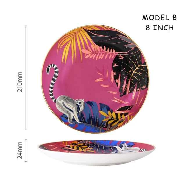 Dinnerware Set Colorful Forest Animal Design Plate Steak Tray Flat Ceramic Tableware 10inch Dish Christmas Gift Gold