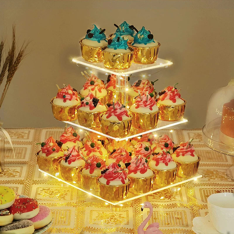 3 Tier Clear Square Cupcake Stand Premium Acrylic Cake Tower Display Holder With LED Light String For Wedding Birthday Party