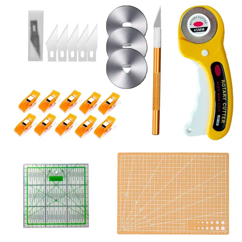 45mm Precision Rotating Cutter Set, Carving Knife, A4 Cutting Pad, Patch Measuring Tape, Sewing, Embroidery Craft Production.