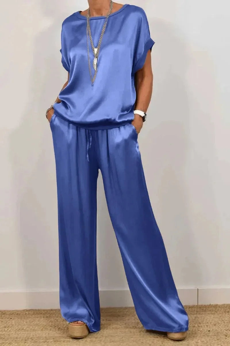 Casual Solid Color Two Piece Set Loose O-neck Short Sleeved Pullover Top Elastic Waist Wide Leg Pants Set Fashio Commuting Set