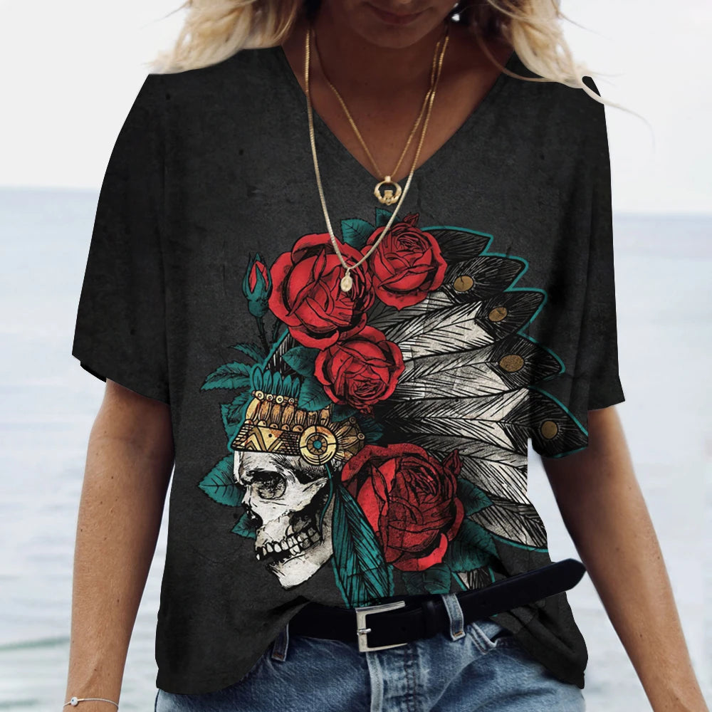 Skulls T-shirt Women's Shirt Fashion Short Sleeve New Casual Top Tee Ladies Girl Clothing V Neck T Shirt For Women