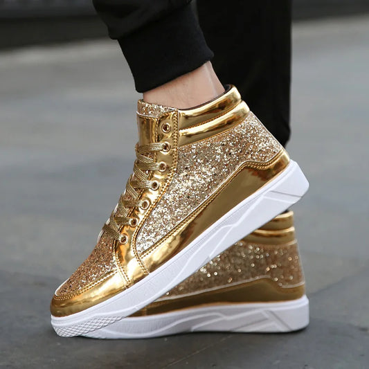 Fashion Men High Top Sneakers Male Ankle Boots Gold Luxury Glitter