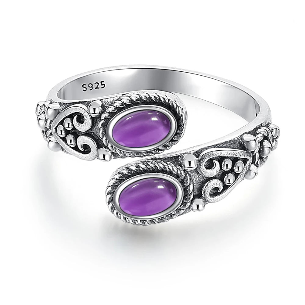 925 Vintage Silver Ring with Natural Moonstone 6*8mm Adjustable Rings Flower Bohemia Style Fine Jewelry for Women