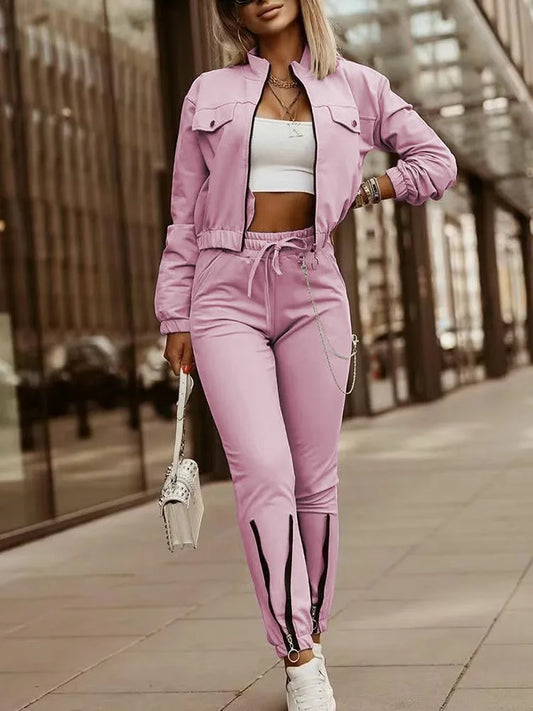 Autumn Women's New Zipper Short Long Sleeve Suit Solid Color Fashion Lace Up Casual Sports Small Foot Pants Female 2 Piece Set