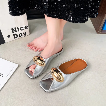 2026 new elegant temperament metal buckle fish mouth slippers fashionable flat shoes PU slippers