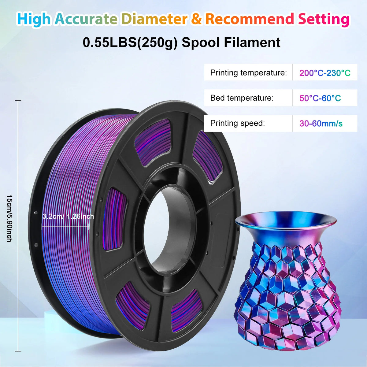 Silk PLA Filament 1.75mm Dual Color Blue Purple, 3D Printer Filament , 250g Spool(0.55lbs) Fits for Most FDM 3D Printers