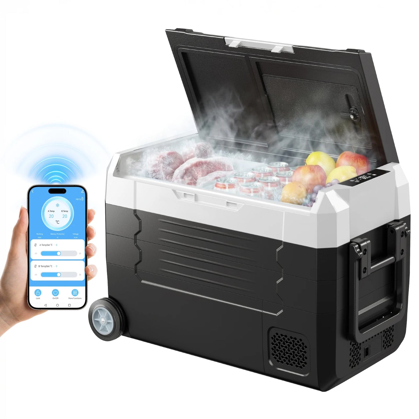 SucceBuy Car Refrigerator -4°F to 68°F Truck Refrigerator with APP Control Wheels & Dual Zone 37/48/58QT Cars Cooler for RV Boat