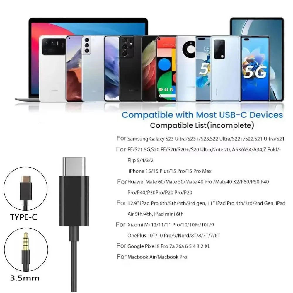 USB C Single Side Headphone for Samsung S23 FE S22 S21 S20 A53 A54 3.5mm/Type C Wired Earphone with Mic for iPhone 15 16 Pro Max