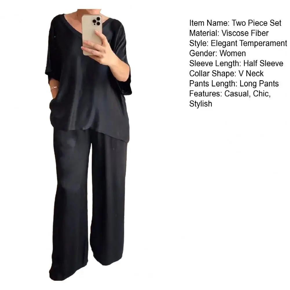 Summer Short-sleeved T-shirt Two-piece Set For Women V-neck Top Pullover Wide-leg Pants Suit For Women Spring Loose Satin Suit