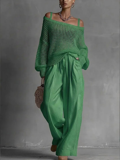 Vintage Women 2 Piece Outfit Off Shoulder Hollow Out Knit Sweater Top Elastic Drawstring Wide Leg Long Pants Casual Matching Set