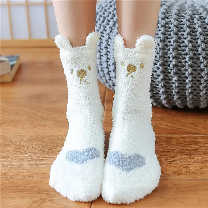 1 Pairs Warm & Fuzzy Cartoon Animal Socks, Crew Length Warm Coral Fleece Socks For Winter, Women's Stocking & Hosiery