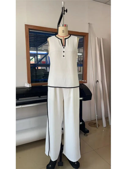 Casual Women Color Blocking Loose Sleeveless Button Vest Elastic Waist Wide-leg Pants Two Peice Set Summer V-Neck Ladies Outfit