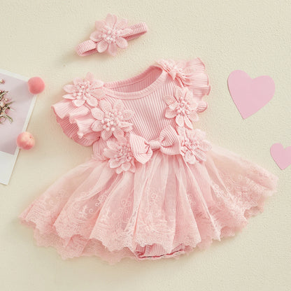Baby Girls' Floral Romper & Headband Set | Ruffle Details & Mesh Skirt | Birthdays, Portraits & Celebrations
