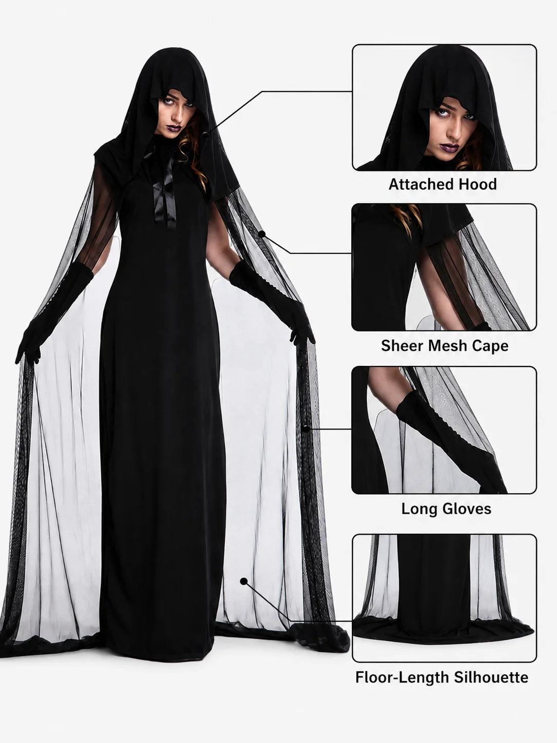 Hooded Sheer Mesh Cape Witch Costume for Women Sleeveless Black Long Maxi Robe with Long Gloves Halloween Ghost Vampire Cosplay Dark Spirit Carnival Fancy Dress Party Outfit