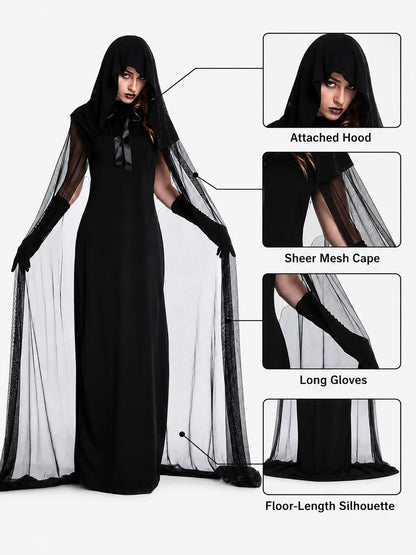 Hooded Sheer Mesh Cape Witch Costume for Women Sleeveless Black Long Maxi Robe with Long Gloves Halloween Ghost Vampire Cosplay Dark Spirit Carnival Fancy Dress Party Outfit