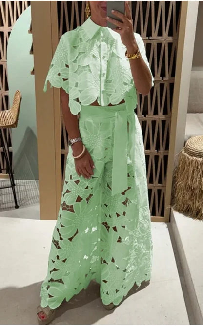 Women 2Pcs Lace Outfit Embroidery Retro Hollow Temperament Suit 2025 Elegant Button Short Sleeved Blouse Tops&Tie-up Pants Set