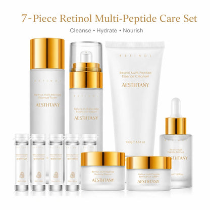 7PCS Retinol Multi-Peptide Skincare Set Hydrating Face Care Routine Gift Box Toner Cleanser Essence Cream Mask for Smooth Glow