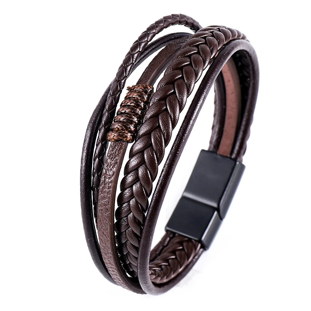 Multi Layer Braided Rope Bracelets for Men,Classic Handmade PU Leather Wristband with Magnetic Buckle,Trendy Punk Jewelry Gift