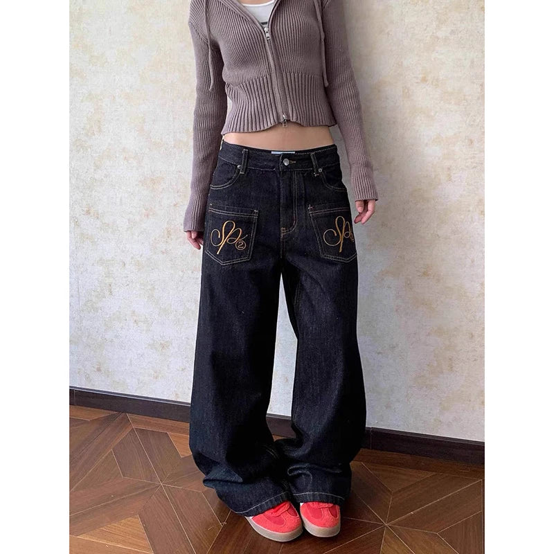 ZHIZOU Women Chic Baggy Embroidery Jeans Grunge Japanese Low Rise Y2K Denim Pants 2000s Aesthetic Harajuku Abi Grunge Cyber Punk