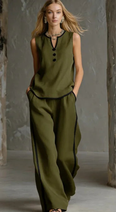 Casual Women Color Blocking Loose Sleeveless Button Vest Elastic Waist Wide-leg Pants Two Peice Set Summer V-Neck Ladies Outfit