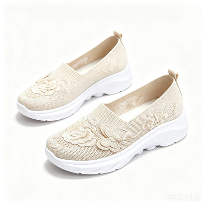 2026 Summer Women Breathable Knit Floral Embroidery Platform Loafers Slip On Walking Shoes Lightweight Soft Cushion Insole Anti Slip Wedge Sole Comfort Casual Daily Outdoor Travel Nurse Footwear Black Khaki Green Multiple Siz