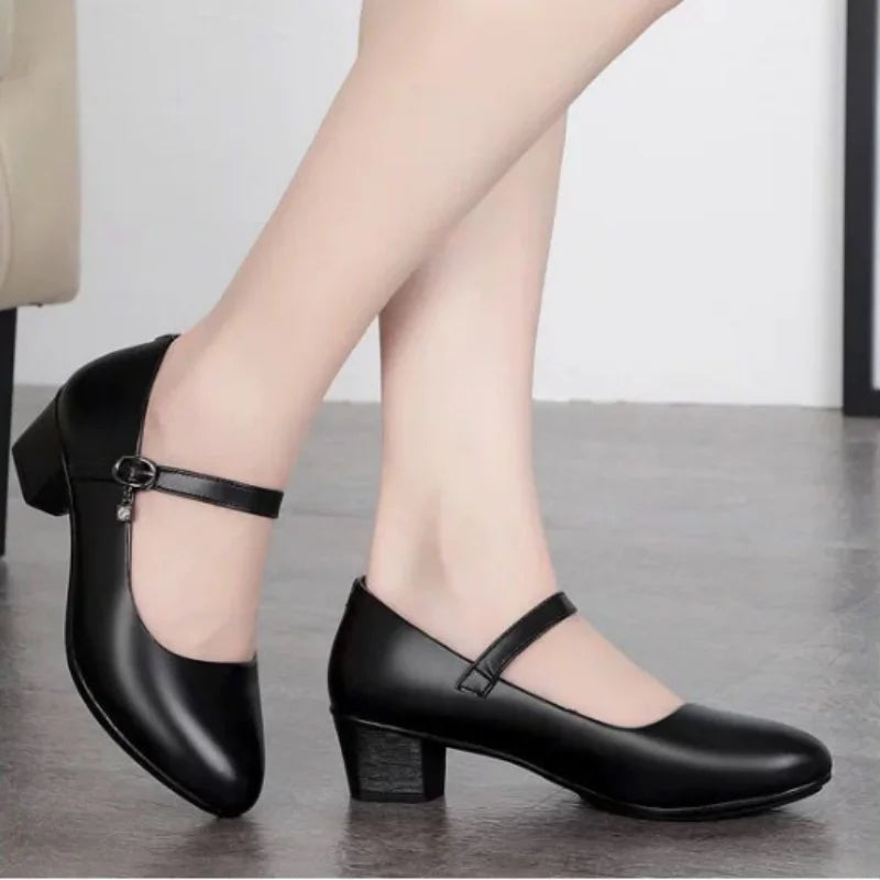 2025 New Women's Medium Heel Pumps - Soft Leather Non-Slip with Adjustable Buckle, Comfortable for Daily & Casual Wear