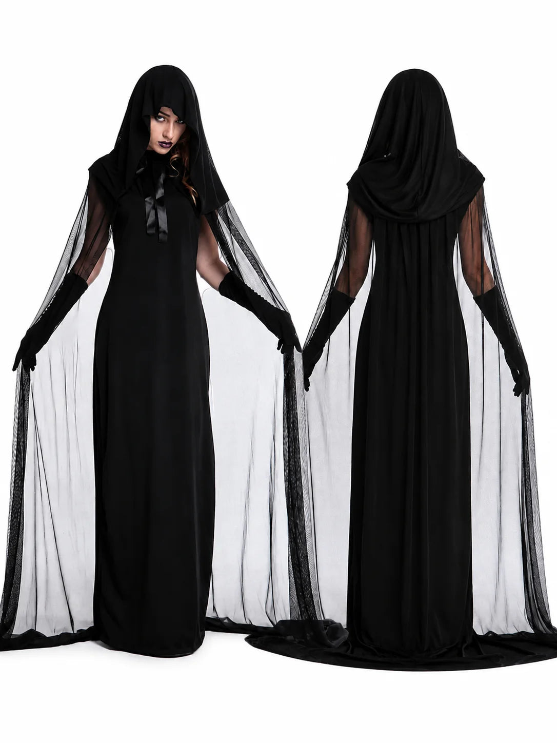 Hooded Sheer Mesh Cape Witch Costume for Women Sleeveless Black Long Maxi Robe with Long Gloves Halloween Ghost Vampire Cosplay Dark Spirit Carnival Fancy Dress Party Outfit