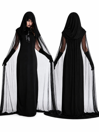 Hooded Sheer Mesh Cape Witch Costume for Women Sleeveless Black Long Maxi Robe with Long Gloves Halloween Ghost Vampire Cosplay Dark Spirit Carnival Fancy Dress Party Outfit