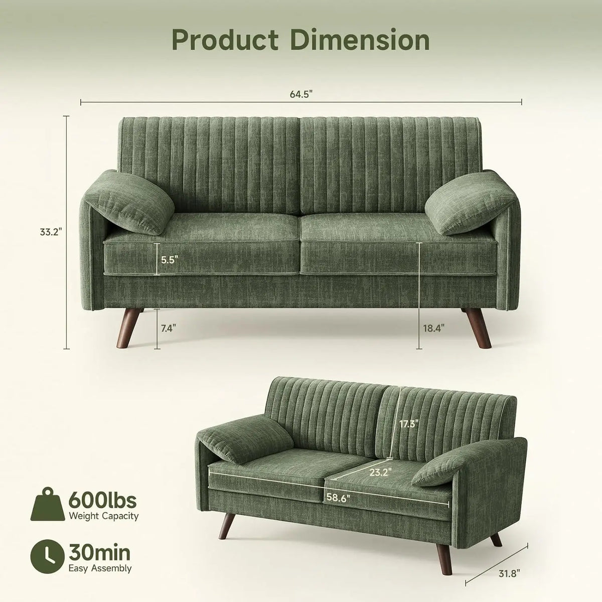 Modern Loveseat Sofa 64.5" for Small Space Living Room, Chenille Fabric 2-Seater Couch with High Legs（164cm）, Comfy Small Apartment Sofa Green