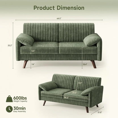 Modern Loveseat Sofa 64.5" for Small Space Living Room, Chenille Fabric 2-Seater Couch with High Legs（164cm）, Comfy Small Apartment Sofa Green