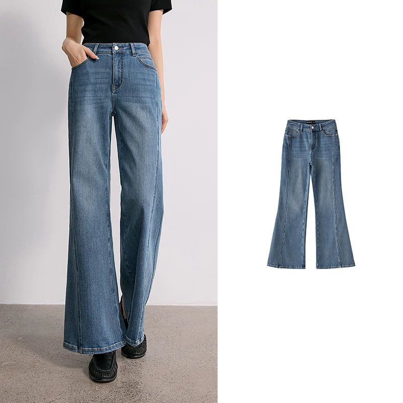 TOYOUTH Women's Glazed Blue Deconstructed Splicing Stretch Cotton Jeans 2026 Autumn New Slim Fit Flared Chic Denim Trousers