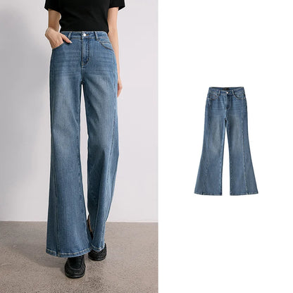TOYOUTH Women's Glazed Blue Deconstructed Splicing Stretch Cotton Jeans 2026 Autumn New Slim Fit Flared Chic Denim Trousers
