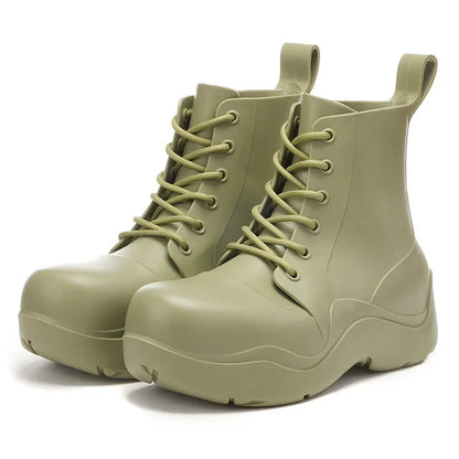 New Thick Sole Outdoor Rain Boots Women's Lace Up Fashion Solid Color Short Sleeve Four Seasons Waterproof Rain Shoes 장화 레인부츠