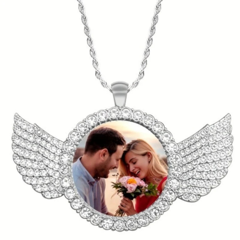 Custom Angel Wing Round Photo Necklace -Personalized Unforgettable memories Picture Pendant Jewelry Perfect for Anniversary Gift