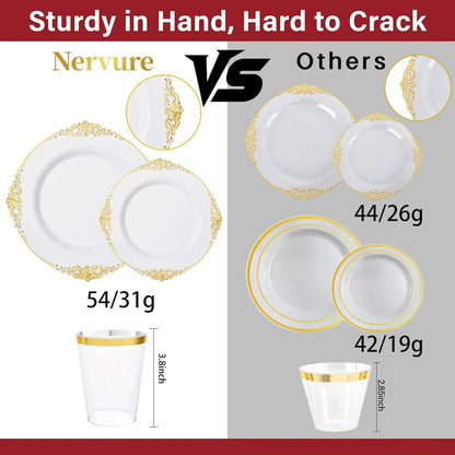 350PCS Gold Plastic Plates - Gold Plastic Dinnerware Sets for 50 Guests - 100 Disposable Plates, 150 Silverware, 50 Cups, 50 Nap