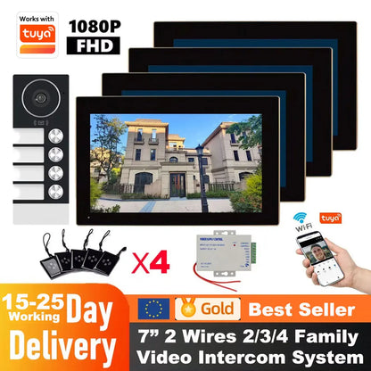Tuya 7Inch Touch Monitor Video Wifi Intercom Smart Home Video 2 / 3 / 4 Family Apartment Doorbell System 1080P Wide Angle Camera