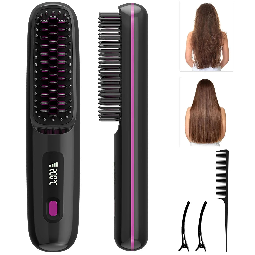 Ionic Straightening Comb, Hair Straightener Brush Ceramic Hot Comb for Women - 20s Fast Heating, 3 Temp Settings and LED Display