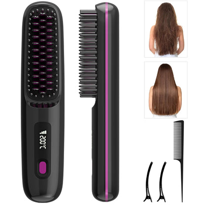 Ionic Straightening Comb, Hair Straightener Brush Ceramic Hot Comb for Women - 20s Fast Heating, 3 Temp Settings and LED Display