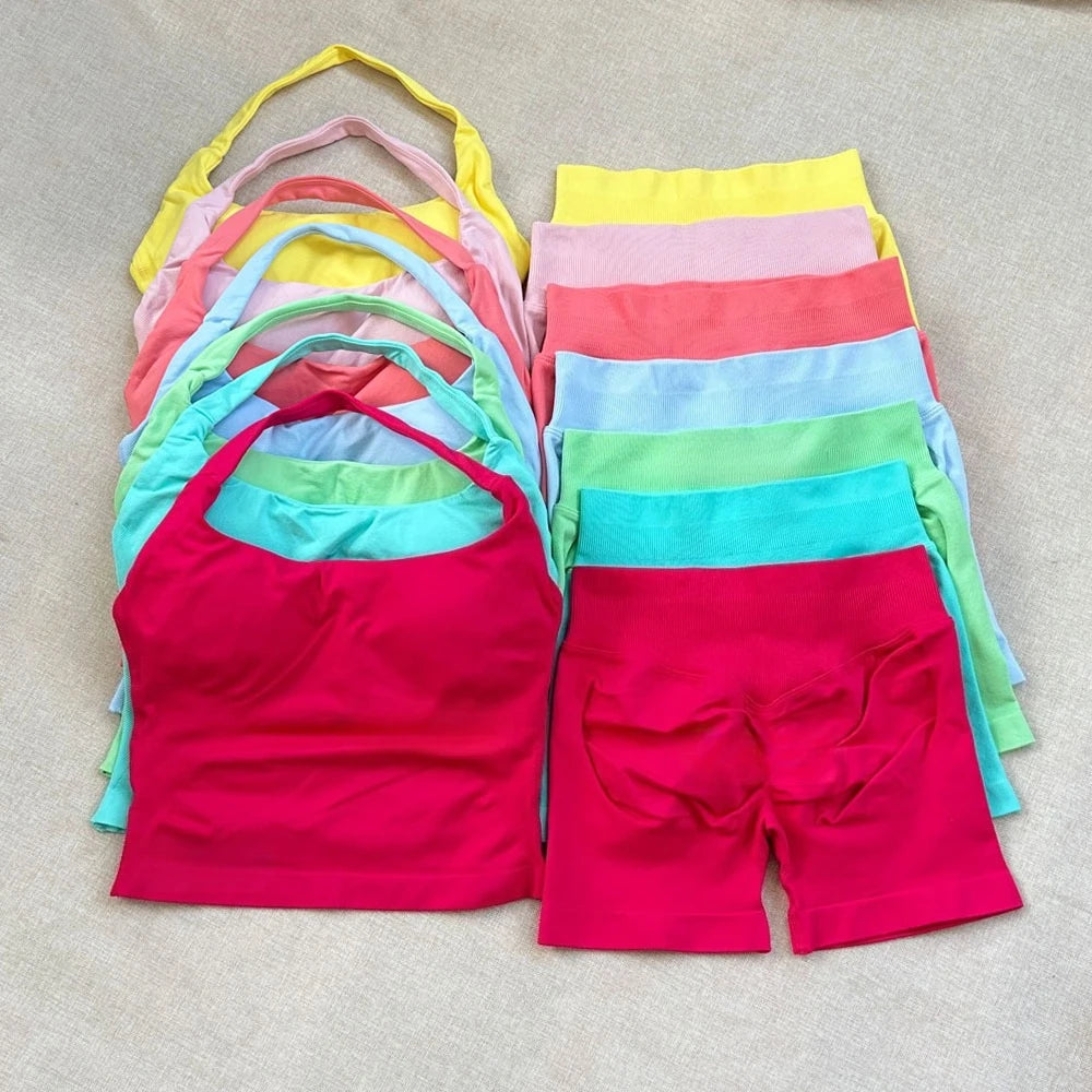 VEQKING Seamless 2pcs Women Yoga Sets Open Back Longline Sports Halter Bras Running Tank Tops Scrunch Butt Gym Workourt Shorts
