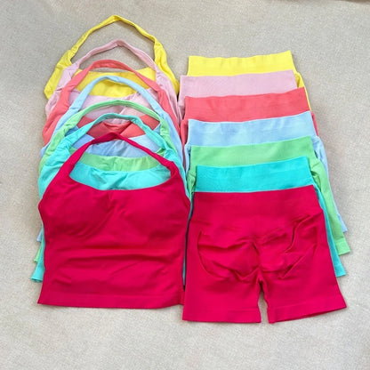 VEQKING Seamless 2pcs Women Yoga Sets Open Back Longline Sports Halter Bras Running Tank Tops Scrunch Butt Gym Workourt Shorts