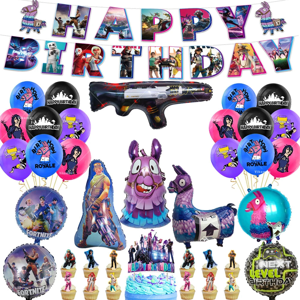 Fortnite Balloons Happy Birthday Banner Shooting Game Party Decoration Alpaca Llama Disposable Tableware Background Cake Topper