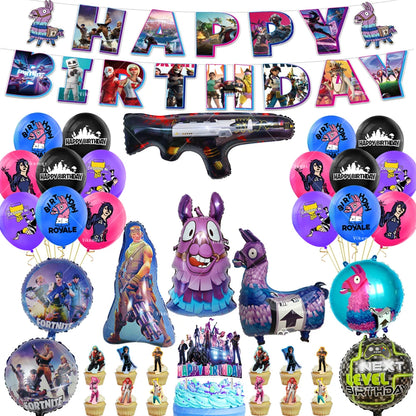 Fortnite Balloons Happy Birthday Banner Shooting Game Party Decoration Alpaca Llama Disposable Tableware Background Cake Topper