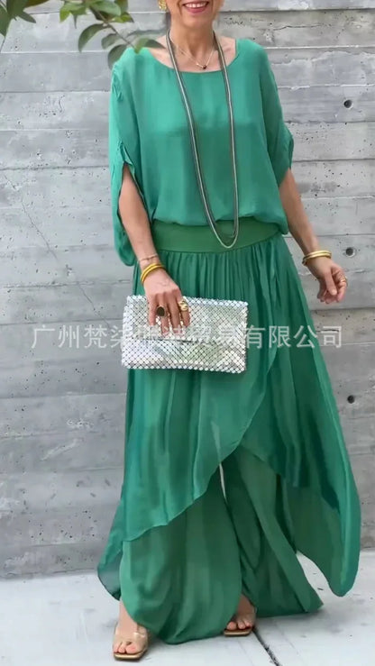 2025 Summer Fashion Women's Solid Color Casual Trendy Loose 2 Piece Chiffon Sets O-neck Short Sleeve T-shirts Wide Leg Trousers